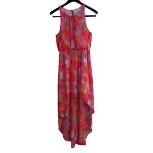 Everly Watercolor Hi Low Dress, Sheer with Lining, Pink & Multi print, size S